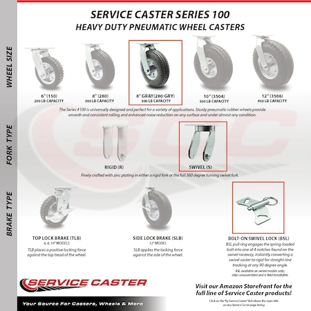 Service Caster 8 Inch Gray Pneumatic Wheel Swivel Caster with Bolt Swivel Lock SCC-100S280-PNB-GRY-BSL